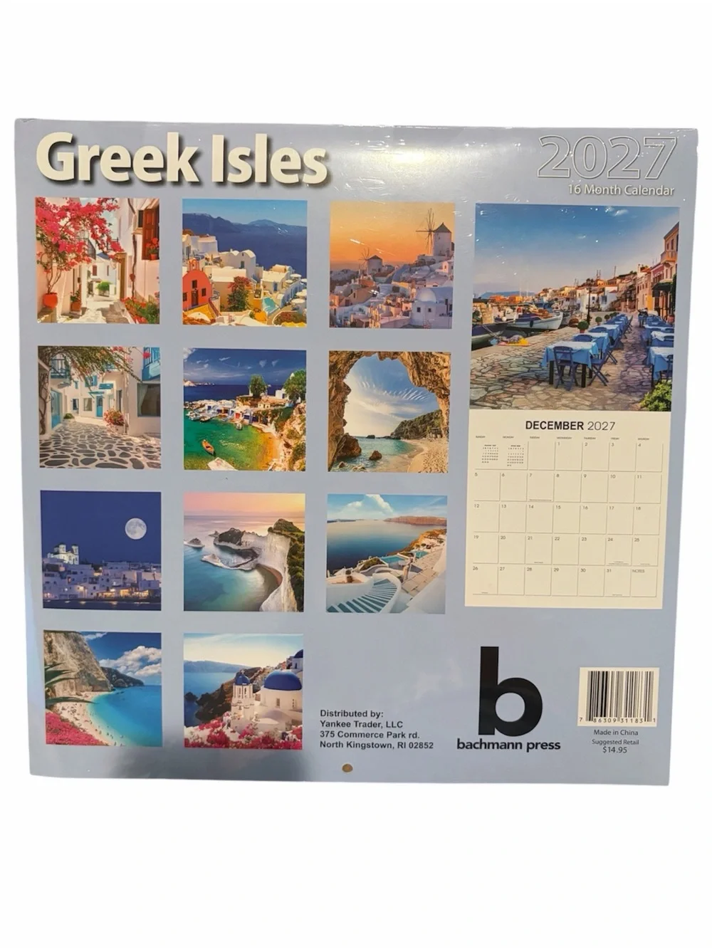 Greek Isles 2027 Wall Calendar - Blue, White & Pink